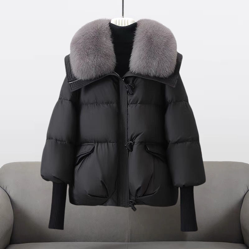 Extended-length puffer jacket with statement collar for women | Elara