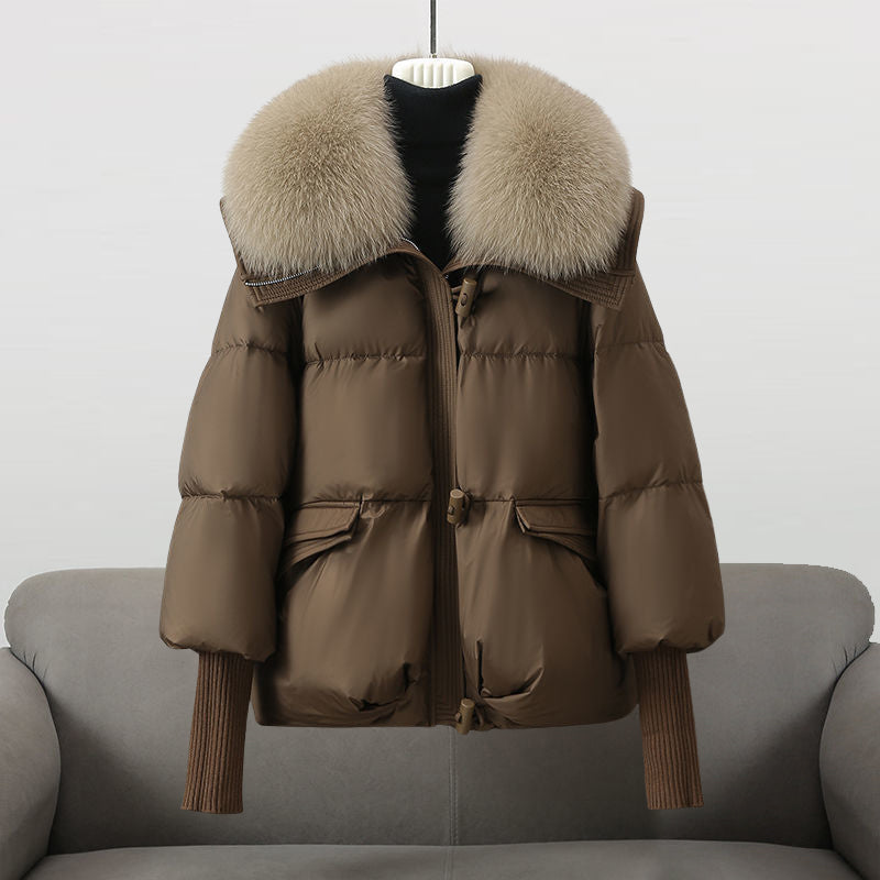 Extended-length puffer jacket with statement collar for women | Elara