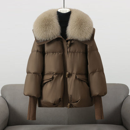 Extended-length puffer jacket with statement collar for women | Elara