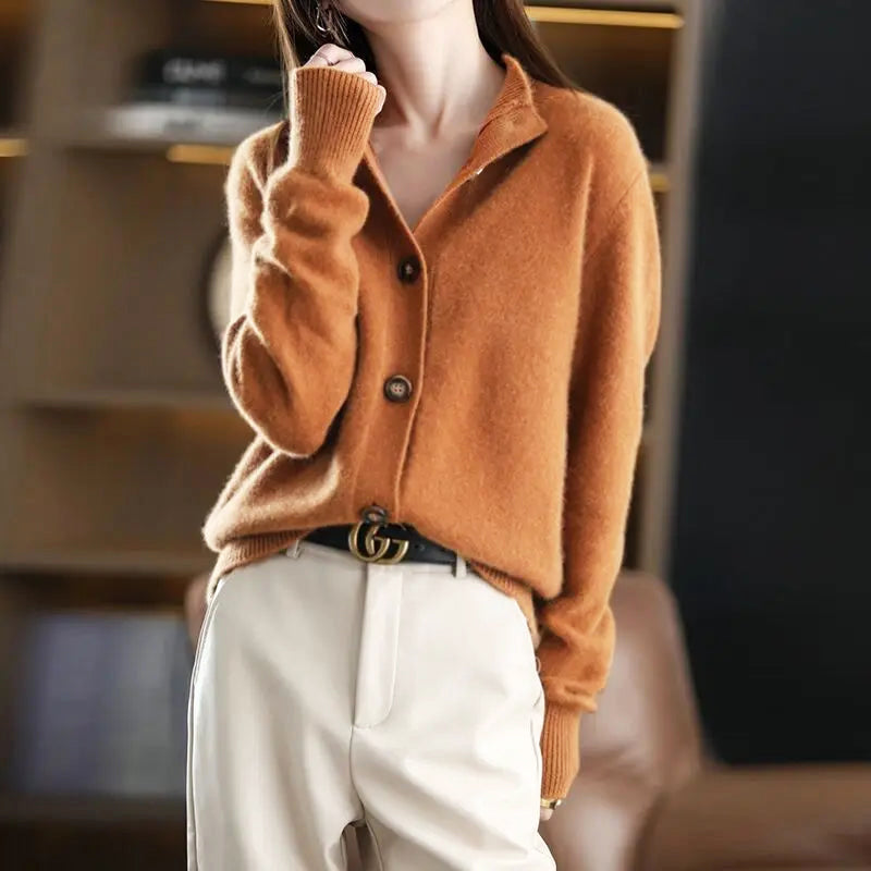Elegant high-neck cardigan with asymmetrical buttons for women | Mirella