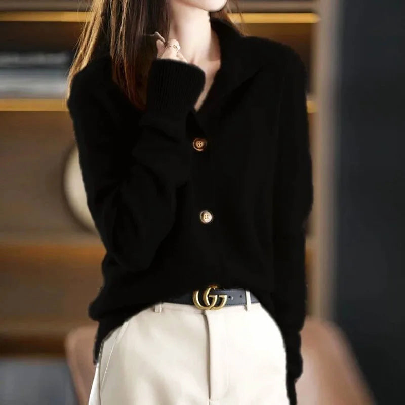 Elegant high-neck cardigan with asymmetrical buttons for women | Mirella
