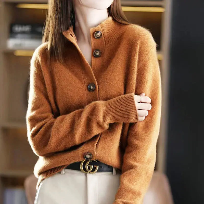 Elegant high-neck cardigan with asymmetrical buttons for women | Mirella