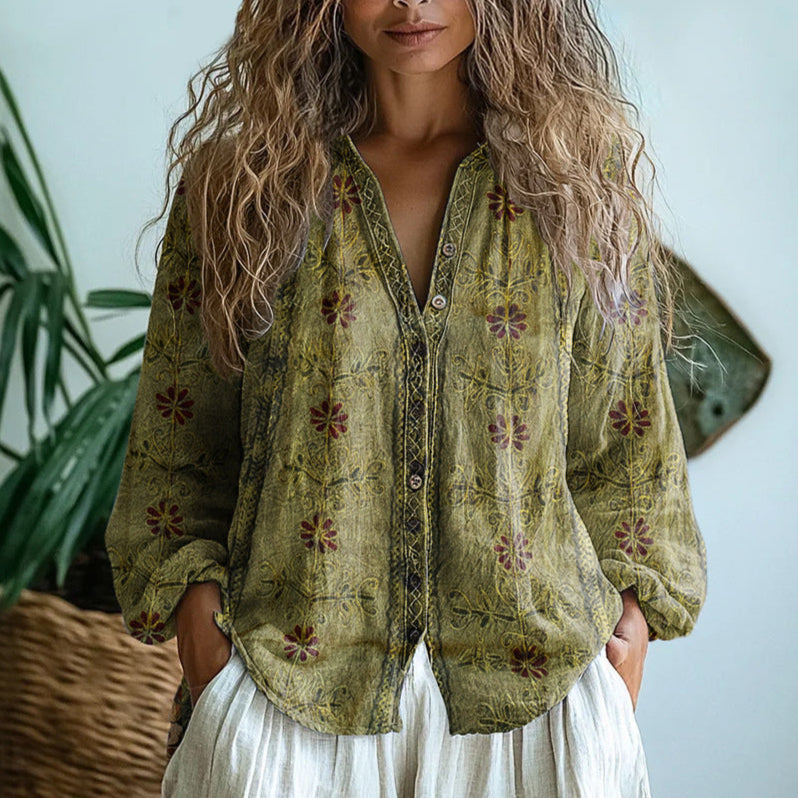 Eleanor | Women's Vintage Leaf Print Button Down Shirt