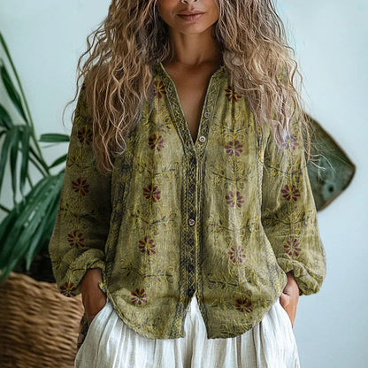 Eleanor | Women's Vintage Leaf Print Button Down Shirt
