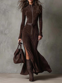 Brown Zippered Belted Maxi Dress for Women | Seraphine