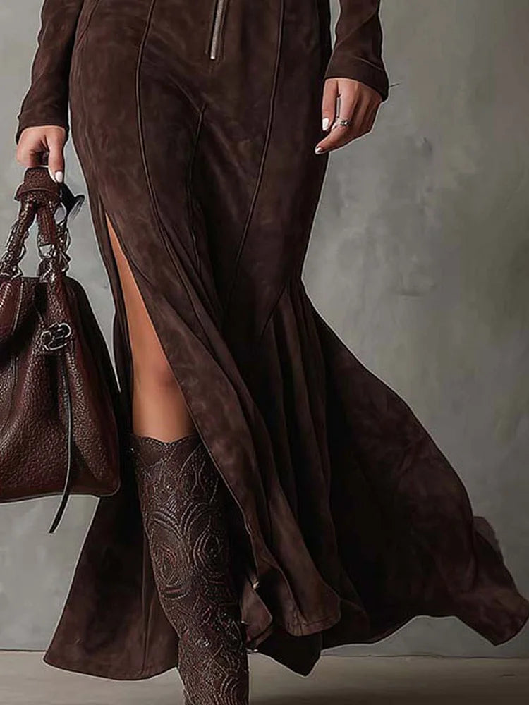 Brown Zippered Belted Maxi Dress for Women | Seraphine