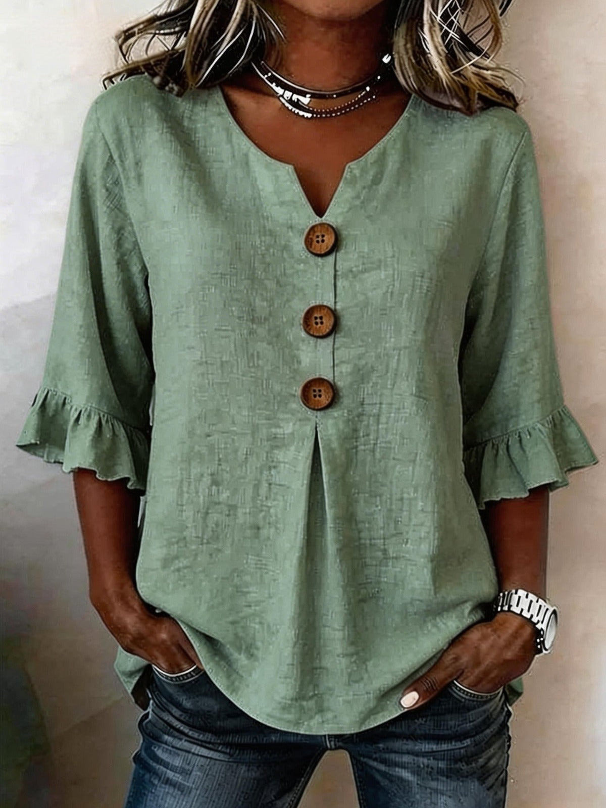 Cotton V-neck ruffle half sleeve blouse for women | Patrizia