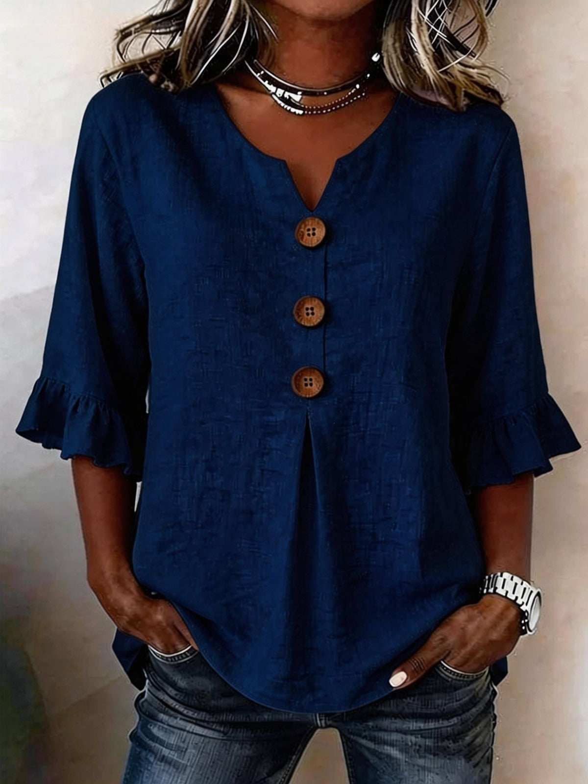 Cotton V-neck ruffle half sleeve blouse for women | Patrizia