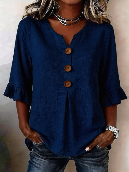 Cotton V-neck ruffle half sleeve blouse for women | Patrizia