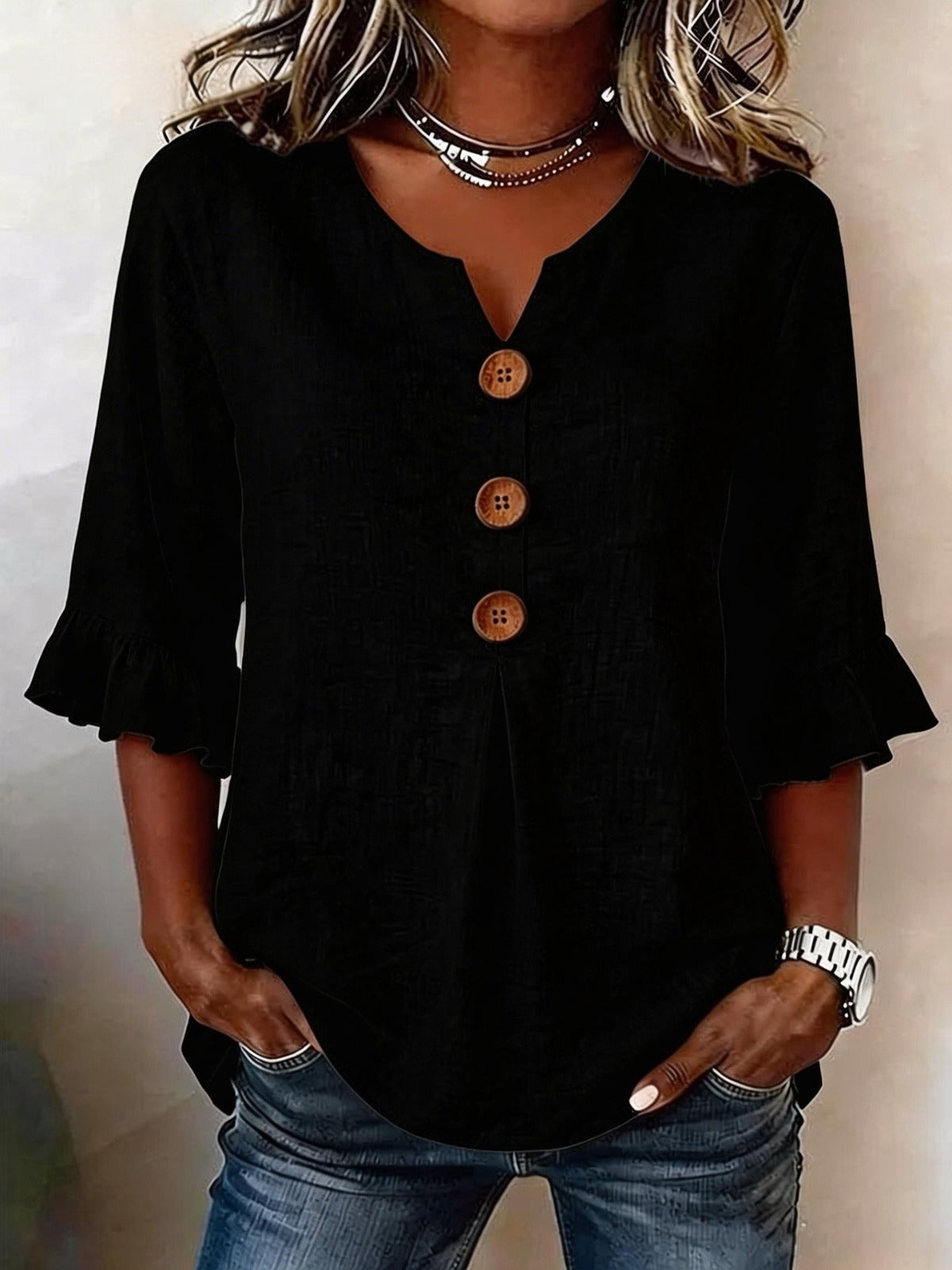 Cotton V-neck ruffle half sleeve blouse for women | Patrizia