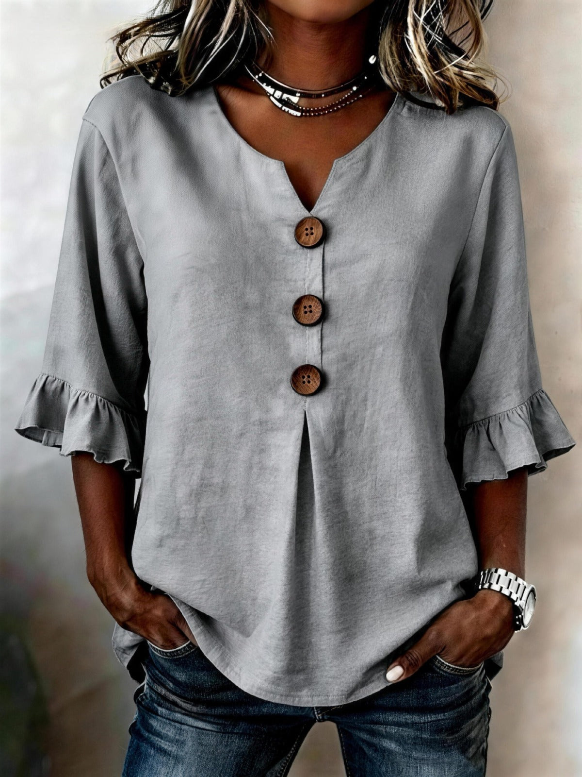 Cotton V-neck ruffle half sleeve blouse for women | Patrizia