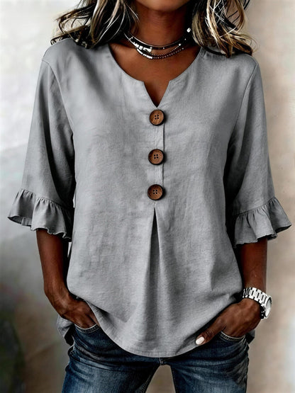 Cotton V-neck ruffle half sleeve blouse for women | Patrizia