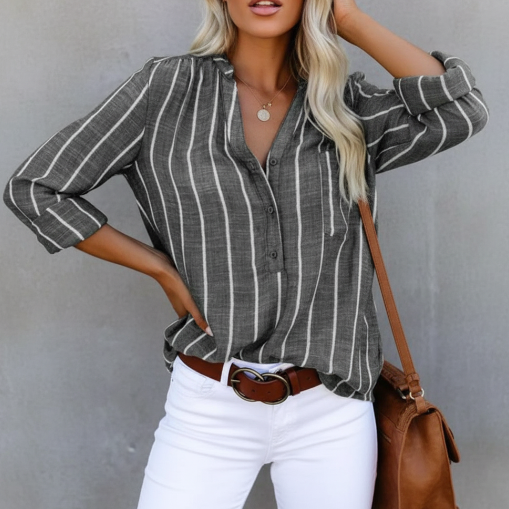 Striped cotton relaxed fit V-neck shirt for women | Lunelle