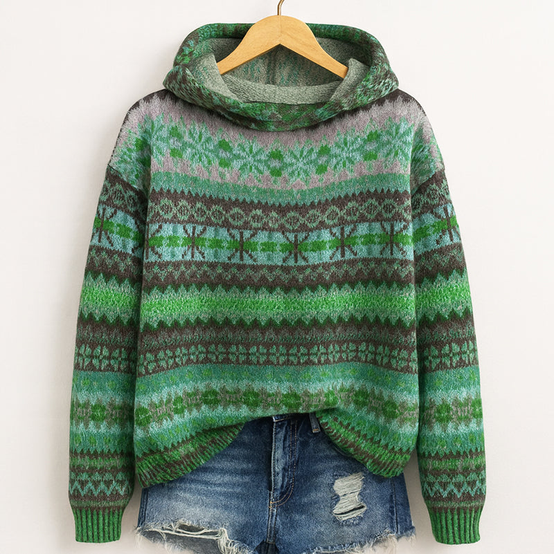 Women’s Knit Hoodie with Multicolor Pattern | Elara