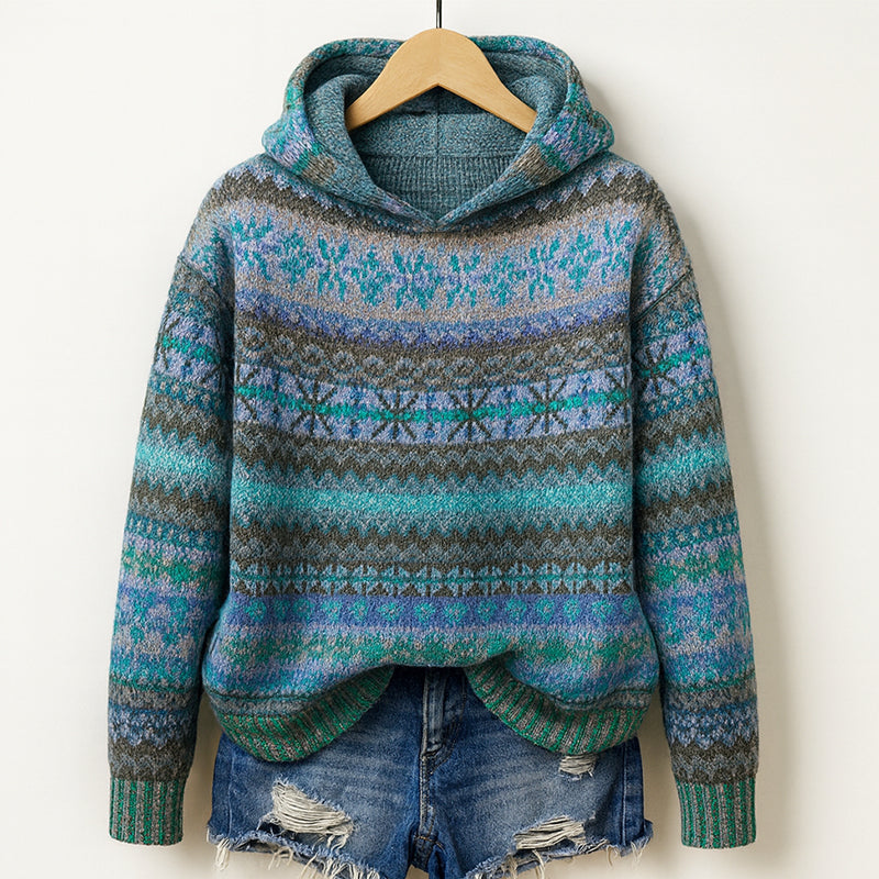 Women’s Knit Hoodie with Multicolor Pattern | Elara