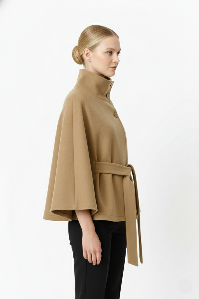 Long belted coat with high collar and relaxed elegance for women | Elvire