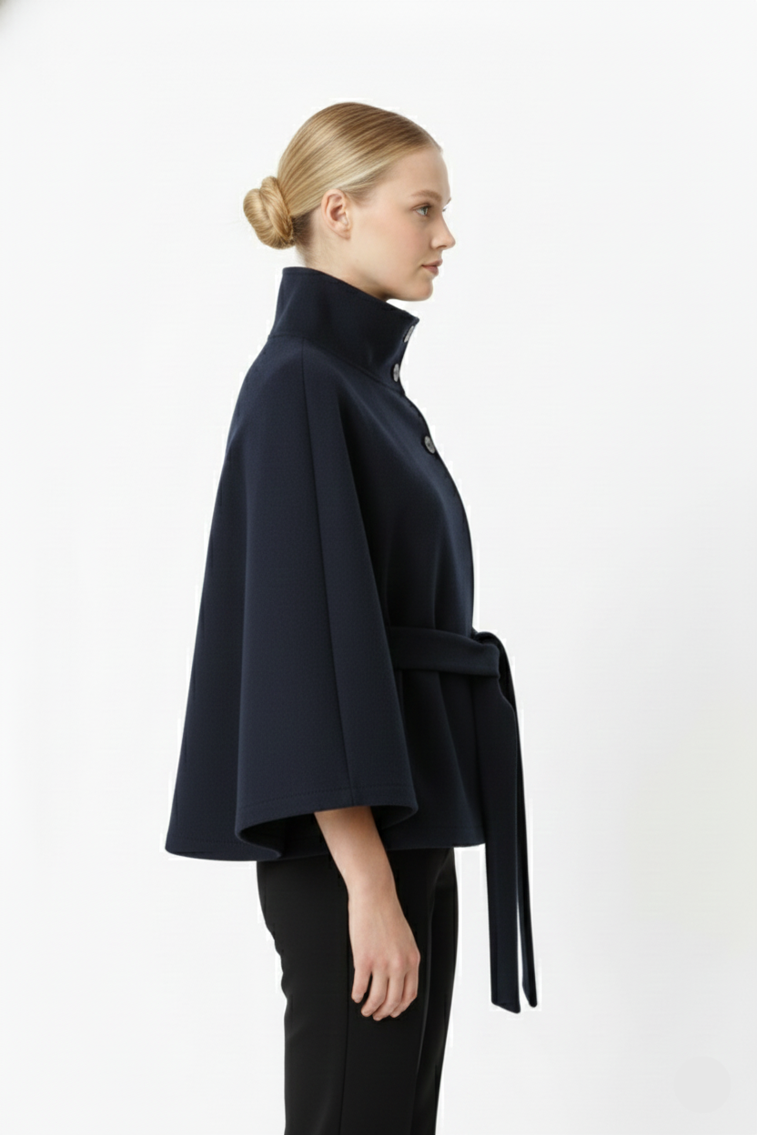 Long belted coat with high collar and relaxed elegance for women | Elvire