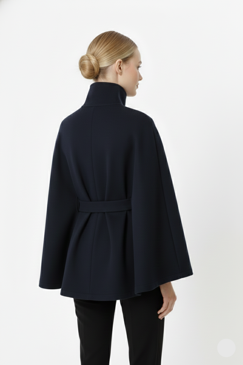 Long belted coat with high collar and relaxed elegance for women | Elvire