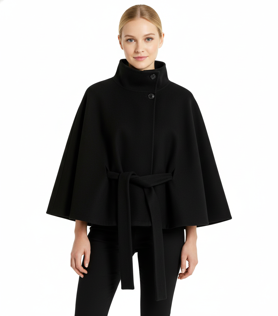 Long belted coat with high collar and relaxed elegance for women | Elvire