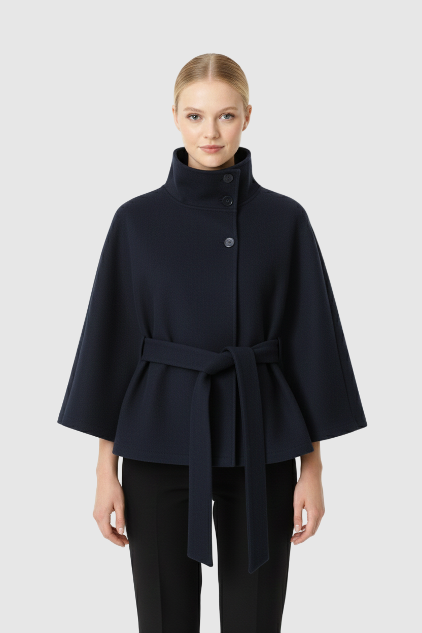 Long belted coat with high collar and relaxed elegance for women | Elvire