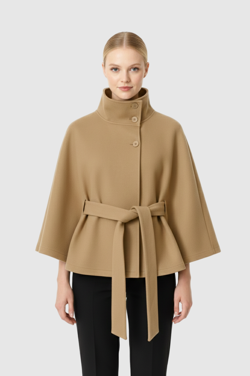 Long belted coat with high collar and relaxed elegance for women | Elvire