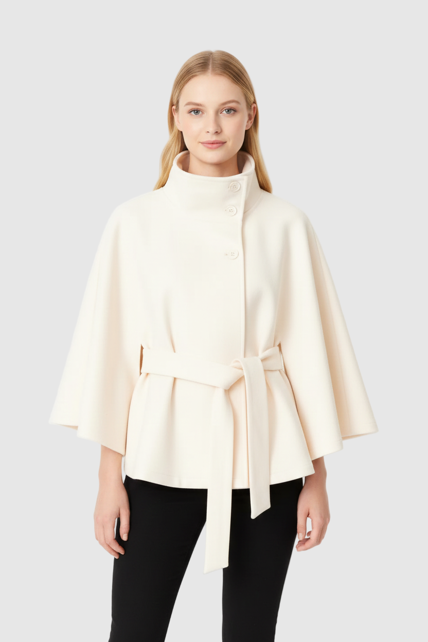Long belted coat with high collar and relaxed elegance for women | Elvire