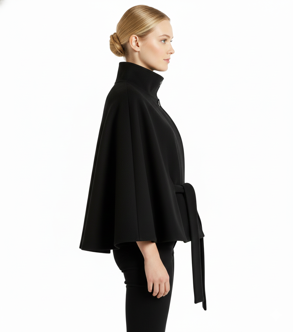 Long belted coat with high collar and relaxed elegance for women | Elvire