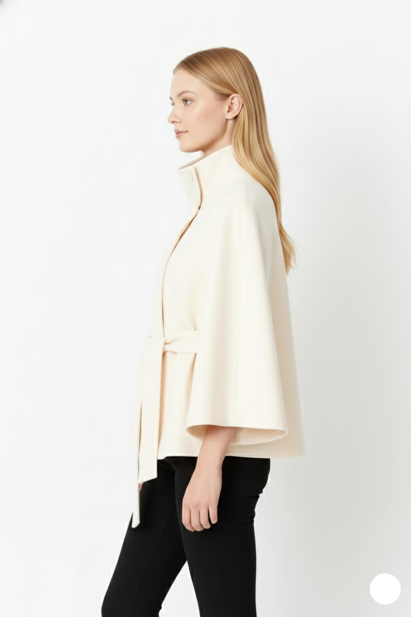 Long belted coat with high collar and relaxed elegance for women | Elvire
