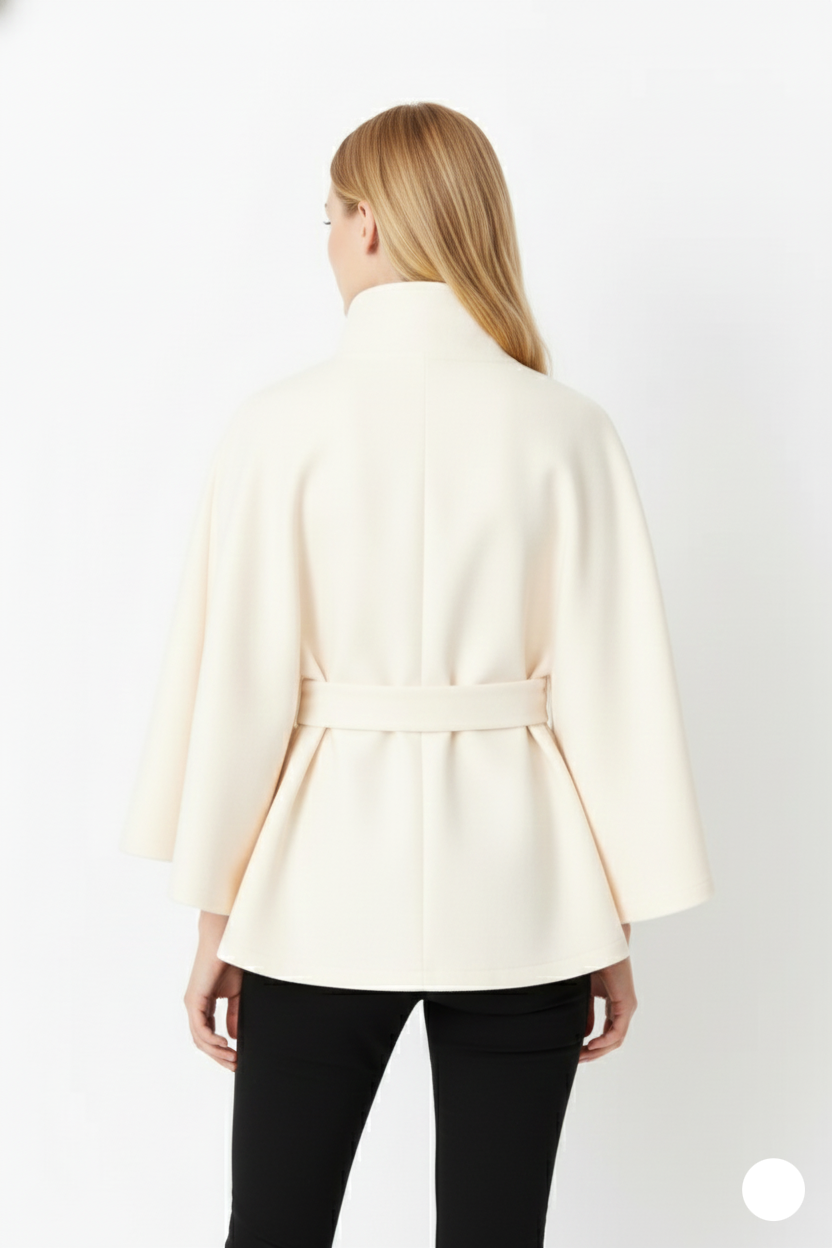 Long belted coat with high collar and relaxed elegance for women | Elvire
