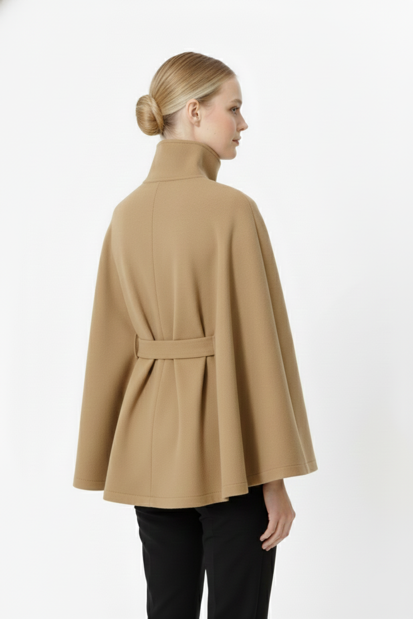 Long belted coat with high collar and relaxed elegance for women | Elvire