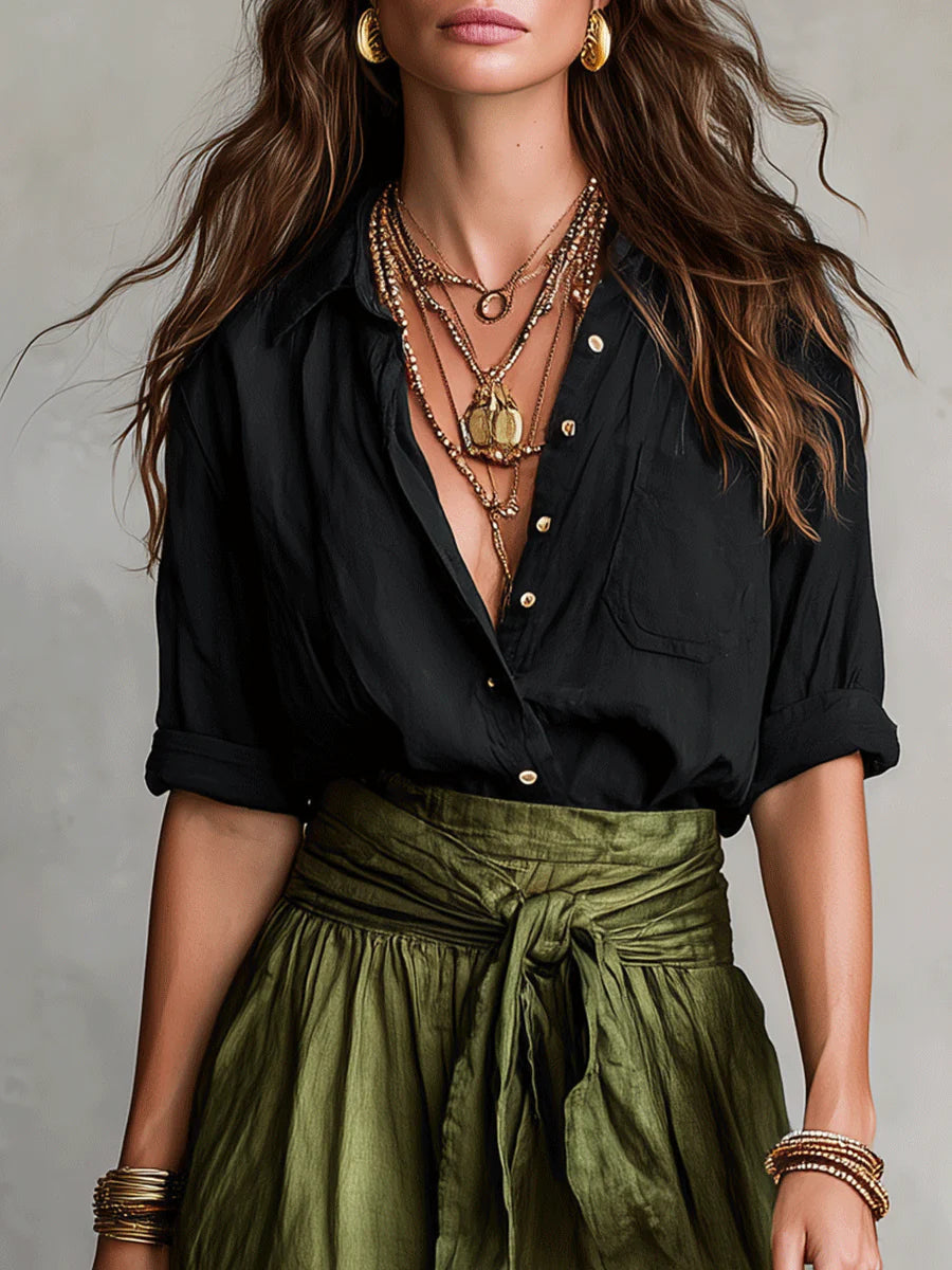 Ines | Women's Button Shirt and Tie Waist Skirt Set