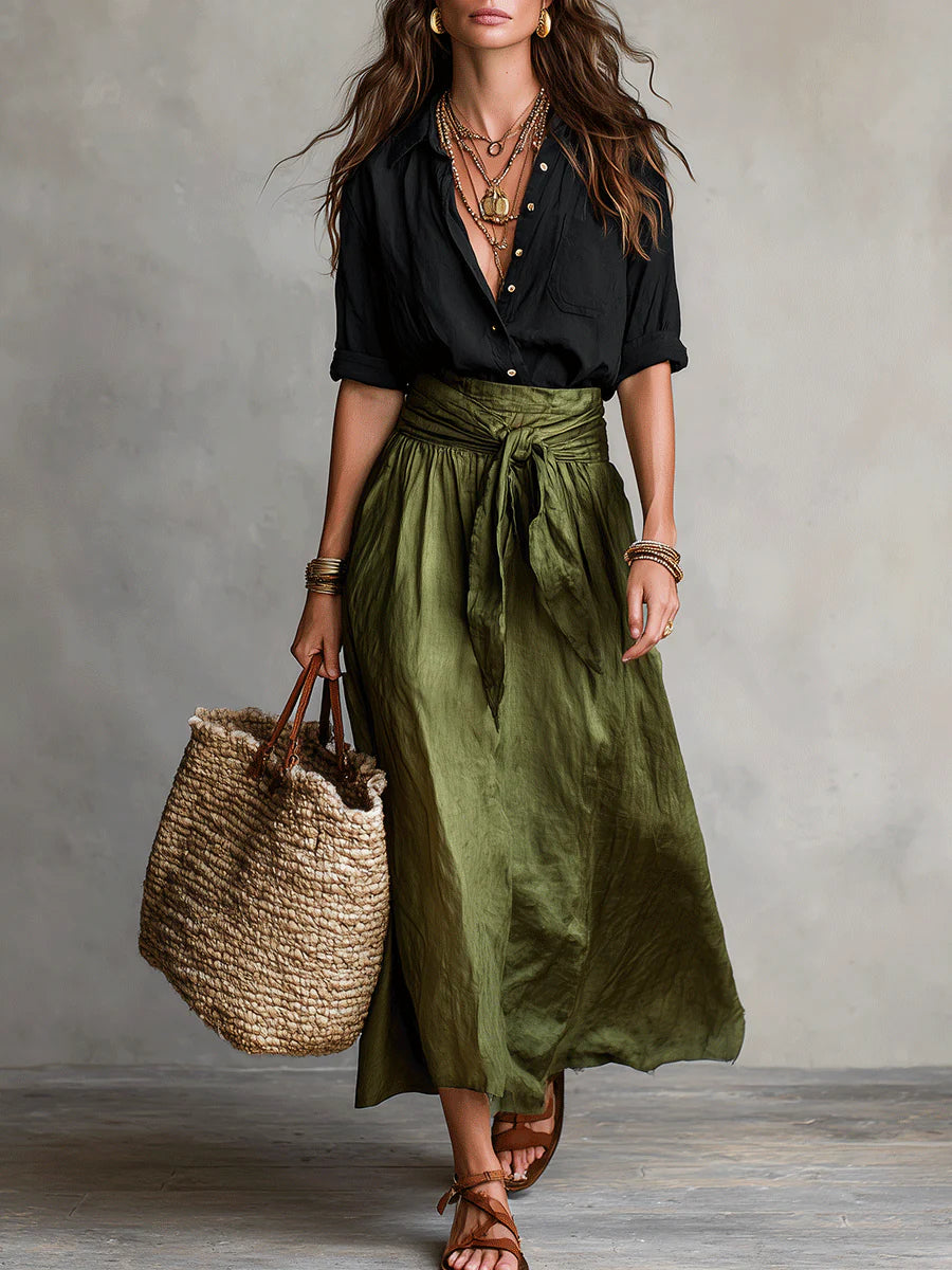 Ines | Women's Button Shirt and Tie Waist Skirt Set