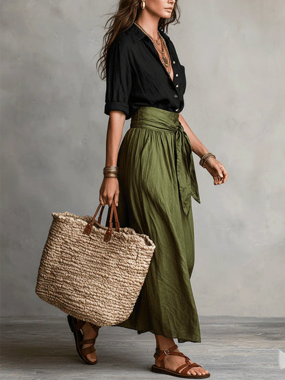 Ines | Women's Button Shirt and Tie Waist Skirt Set