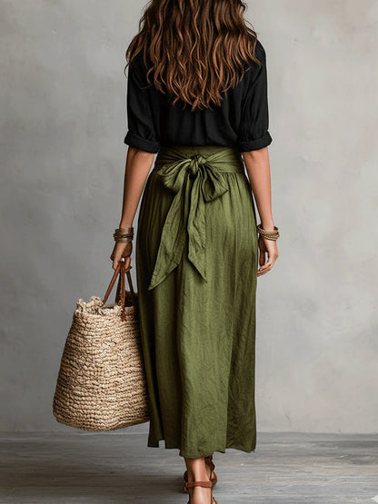 Ines | Women's Button Shirt and Tie Waist Skirt Set