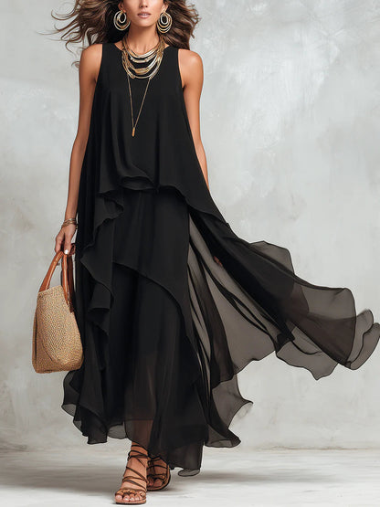 Black chiffon layered sleeveless maxi dress for women | Marisela