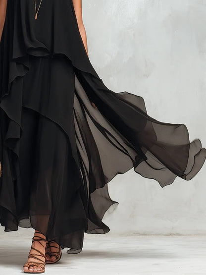 Black chiffon layered sleeveless maxi dress for women | Marisela