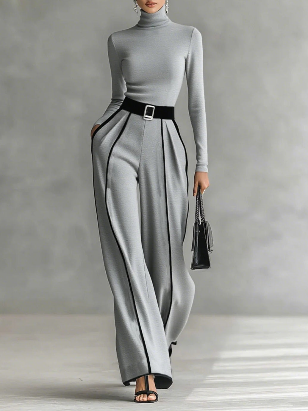 White-Trim High-Neck Top & Wide-Leg Pants Set | Selene
