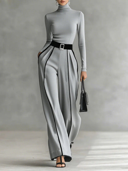 White-Trim High-Neck Top & Wide-Leg Pants Set | Selene