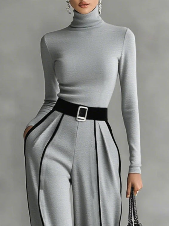 White-Trim High-Neck Top & Wide-Leg Pants Set | Selene