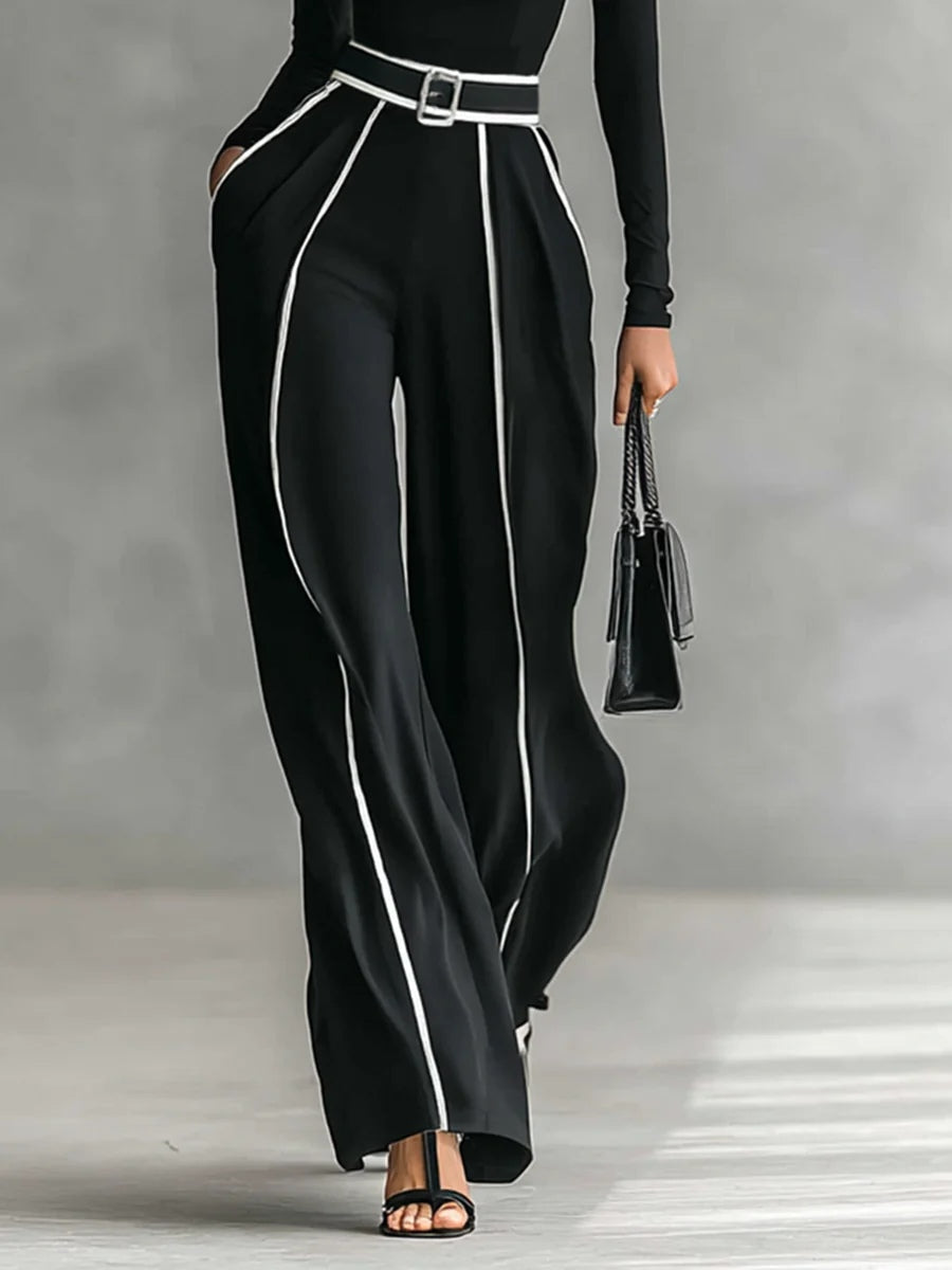 White-Trim High-Neck Top & Wide-Leg Pants Set | Selene