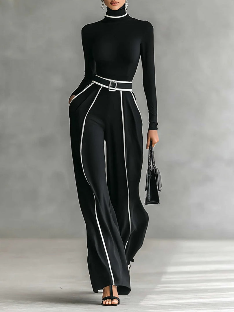 White-Trim High-Neck Top & Wide-Leg Pants Set | Selene
