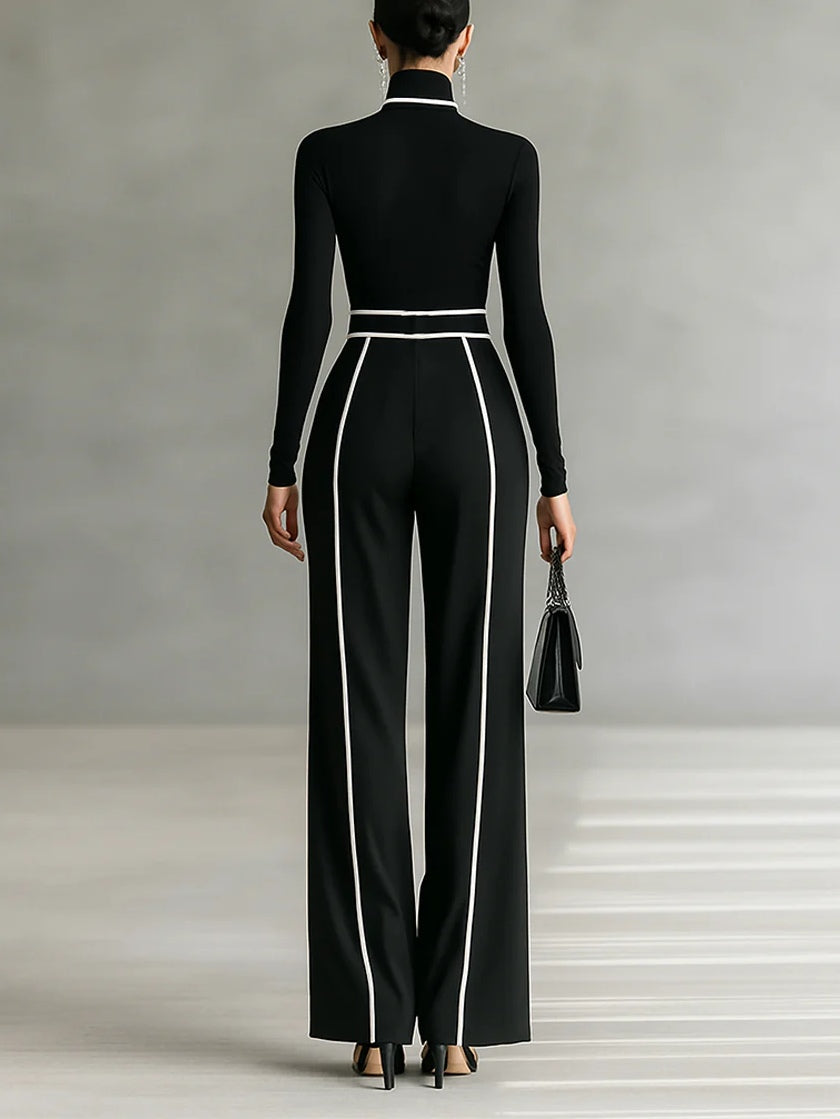 White-Trim High-Neck Top & Wide-Leg Pants Set | Selene
