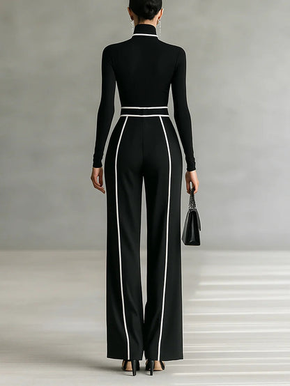 White-Trim High-Neck Top & Wide-Leg Pants Set | Selene