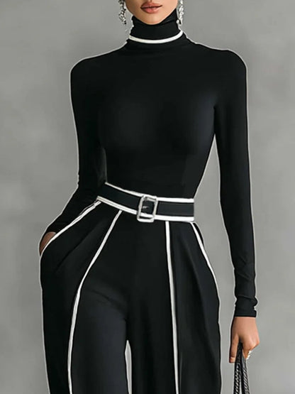 White-Trim High-Neck Top & Wide-Leg Pants Set | Selene