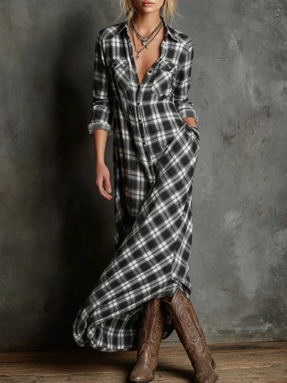 Women’s Plaid Lapel Maxi Shirt Dress | Celestine