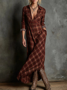 Women’s Plaid Lapel Maxi Shirt Dress | Celestine