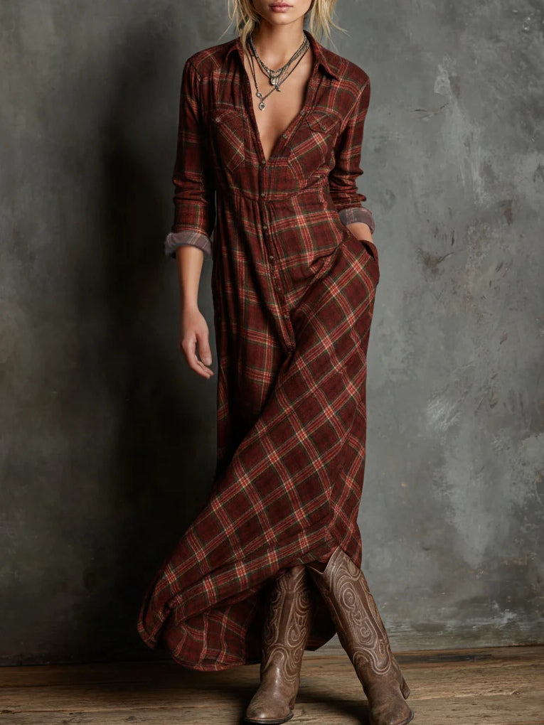 Women’s Plaid Lapel Maxi Shirt Dress | Celestine