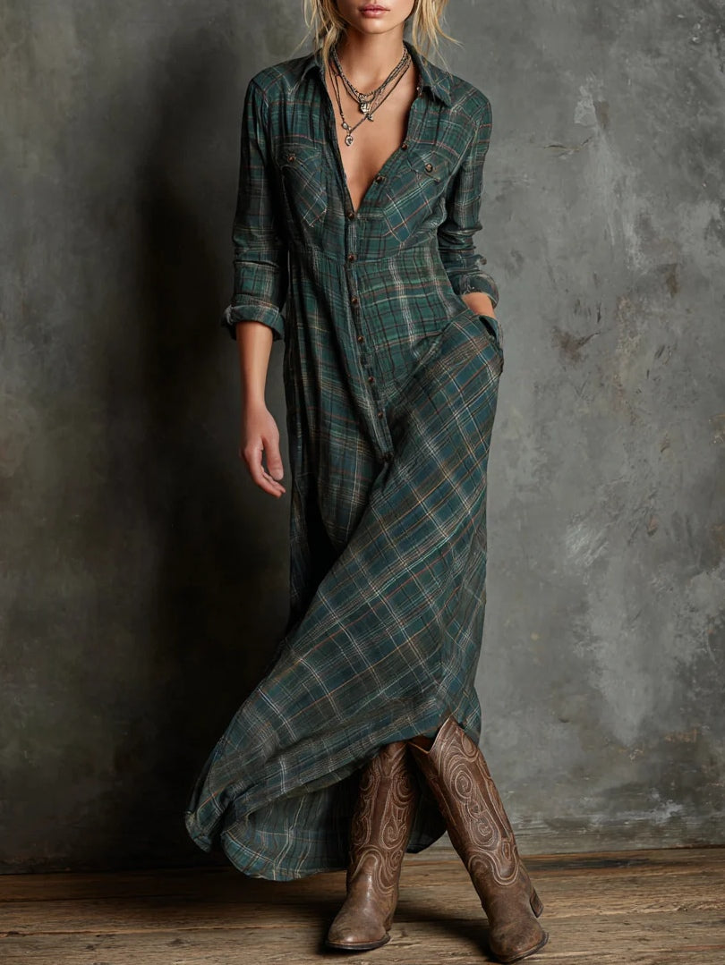 Women’s Plaid Lapel Maxi Shirt Dress | Celestine
