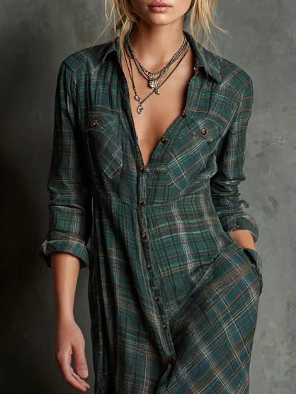 Women’s Plaid Lapel Maxi Shirt Dress | Celestine