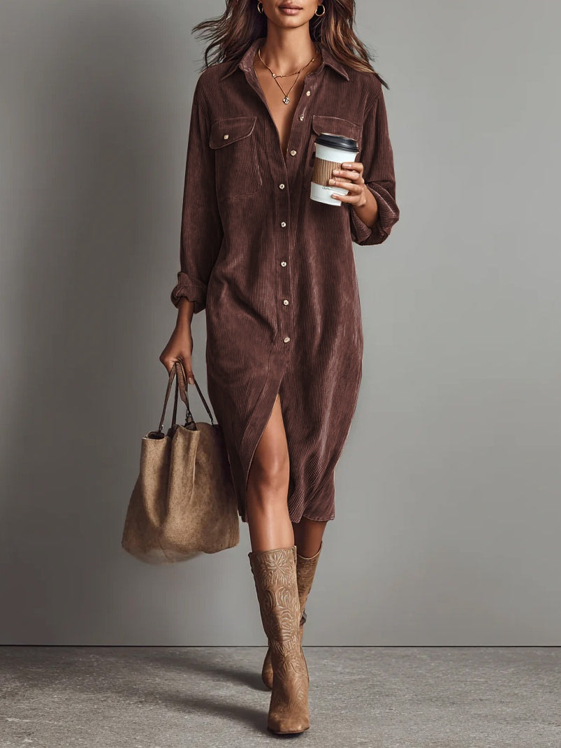 Women’s Corduroy Midi Dress with Double Chest Pockets | Marisol